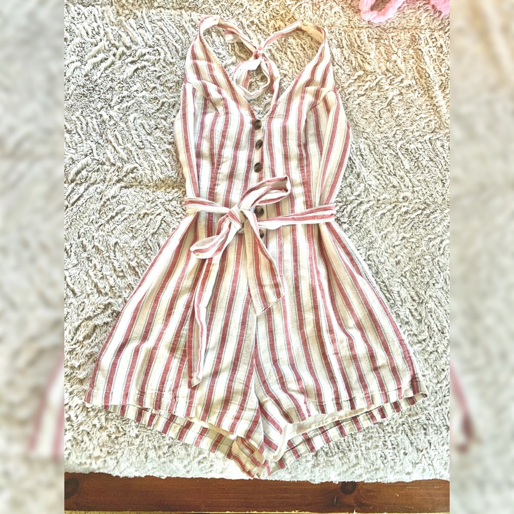 Striped halter backless summer romper